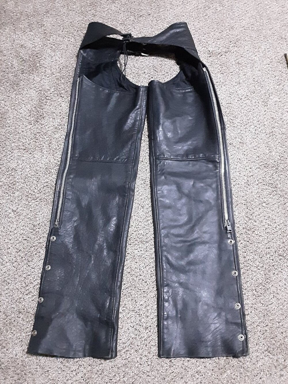 Interstate Leather Motorcycle Chaps Small Black Biker Riding Pants Zip Snap